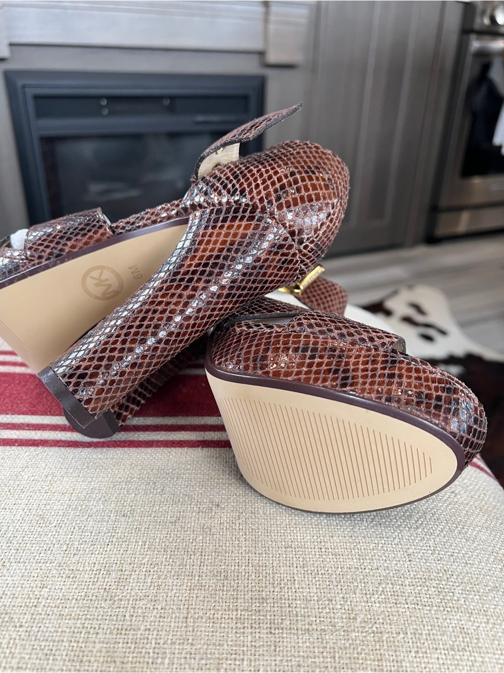 Michael Kors Brown Snake-Print Platform Heels with Gold Buckle - Picture 3 of 4